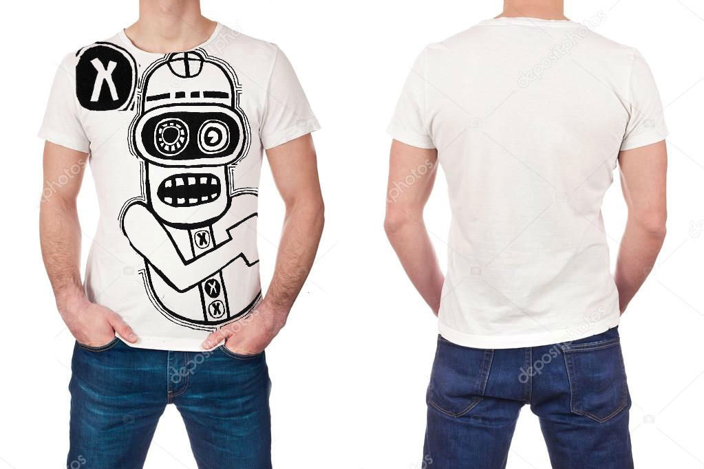 Graphic black and white t-shirt with crazy robot character imagery from painting by Quinn Marston.