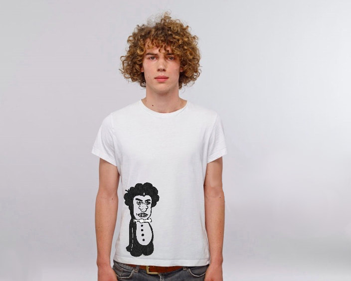 Graphic black and white t-shirt with penguin suited zombie and lover characters from painting by Quinn Marston. 