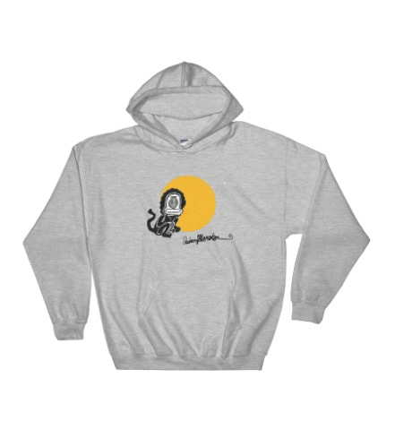 Funny little sun monkey hoodie in light gray. Imagery from painting by Quinn Marston.