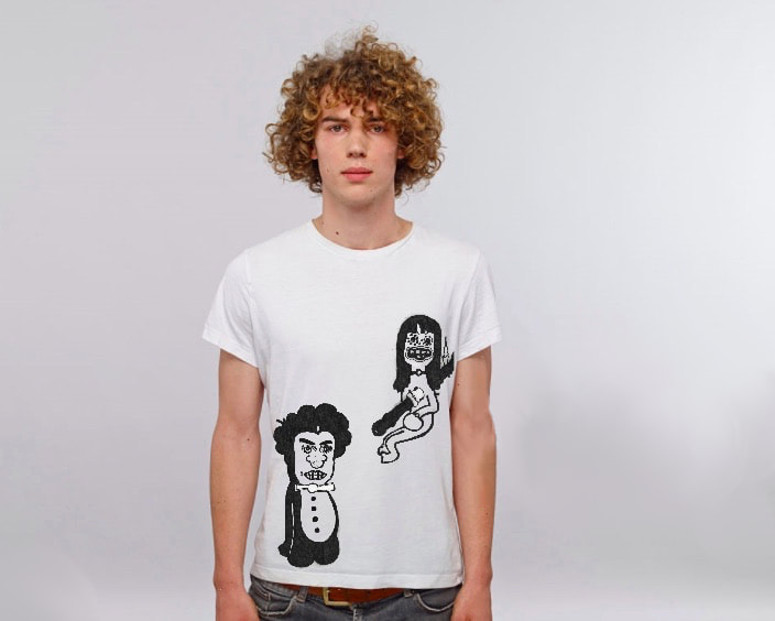 Graphic black and white t-shirt with penguin suited zombie and lover characters from painting by Quinn Marston. 