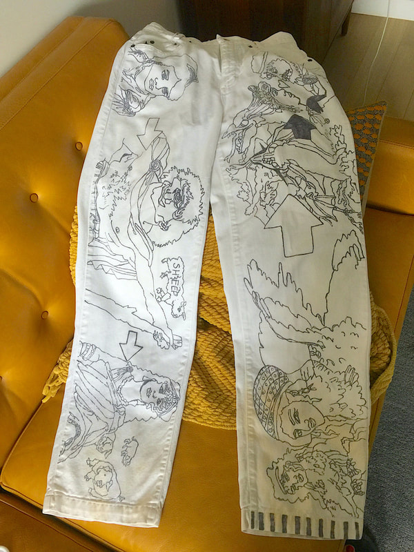 Allover graphic black and white pants with imagery by Quinn Marston.