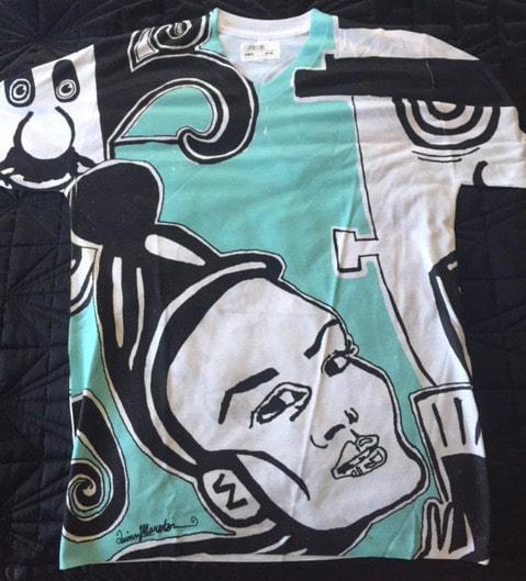 Graphic teal, black and white t-shirt with geisha character imagery from painting by Quinn Marston.