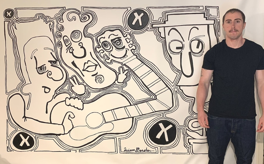 NYC-based artist Quinn Marston with large, graphic, black and white, acrylic wall painting