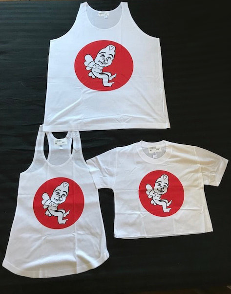 Graphic red, black and white t-shirt with angel baby bear character from painting by Quinn Marston. Shirt can be ordered as regular t-shirt, cropped top, or tank top styles.