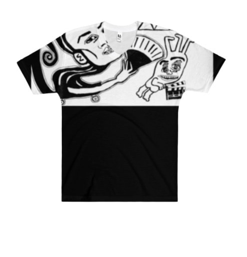 Graphic black and white t-shirt with geisha character imagery from painting by Quinn Marston.