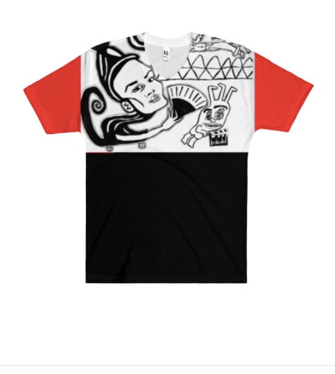 Graphic color block black, white, and red t-shirt with geisha character imagery from painting by Quinn Marston.