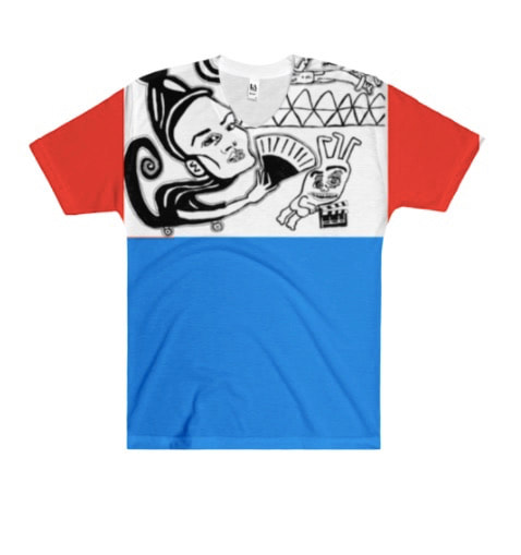 Graphic color block black, white, blue, and red t-shirt with geisha character imagery from painting by Quinn Marston.