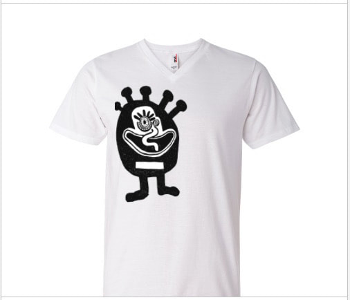 Graphic black and white t-shirt with happy face character imagery from painting by Quinn Marston.
