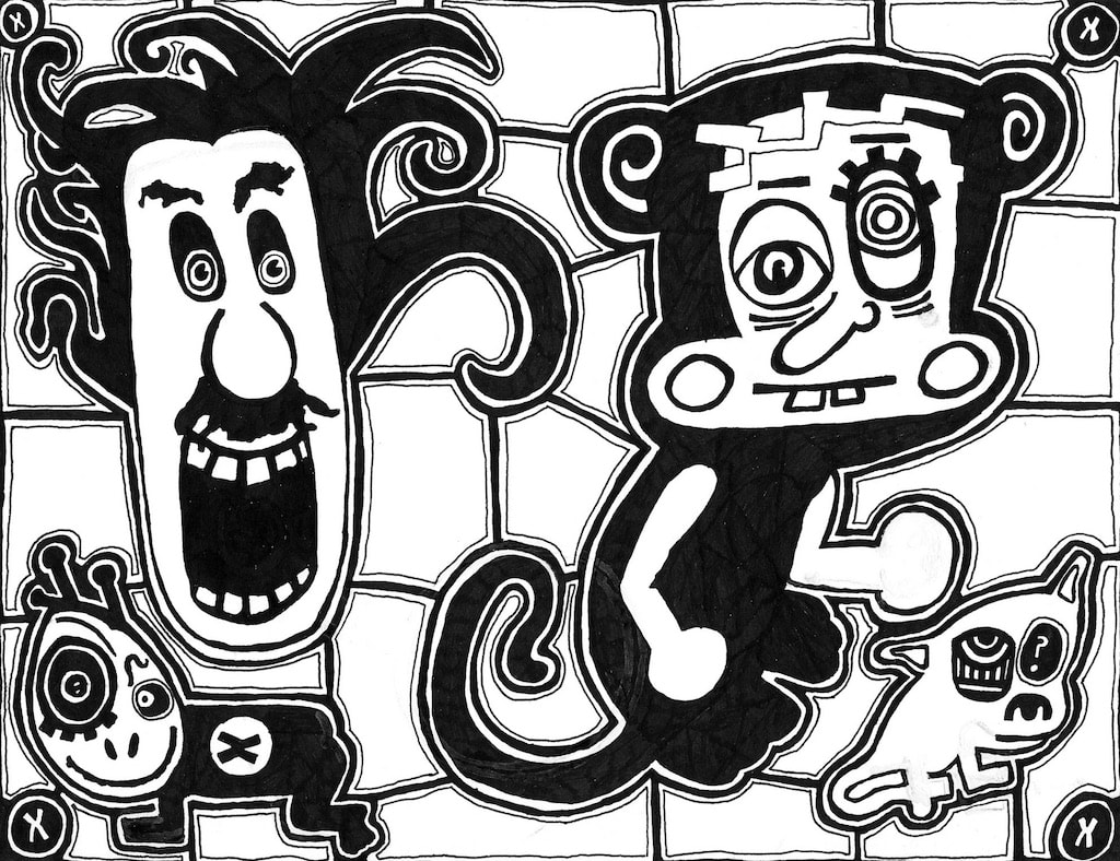 Large black and white painting by Quinn Marston with funny characters
