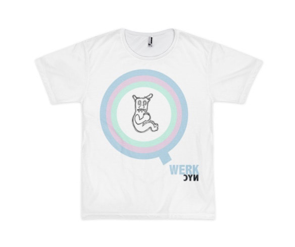 Graphic WERK pastel t-shirt with lil-monster baby character from painting by Quinn Marston. 