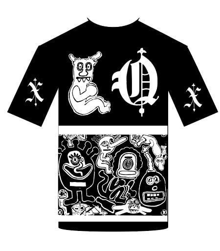 Split level black and white graphic t-shirt with graphics by Quinn Marston.
