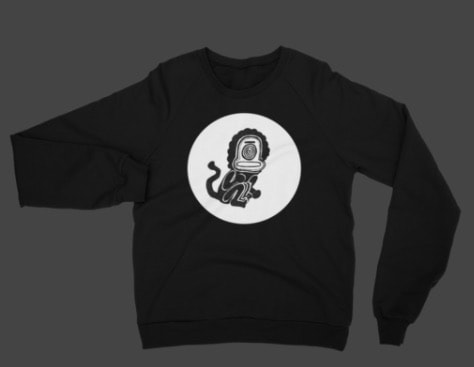 Black and white graphic sweatshirt with funny little sun monkey imagery from painting by Quinn Marston.