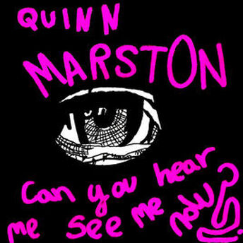 Pink text, graphic drawn eye album cover for Can You Hear Me See Me Now? by NYC- based artist Quinn Marston