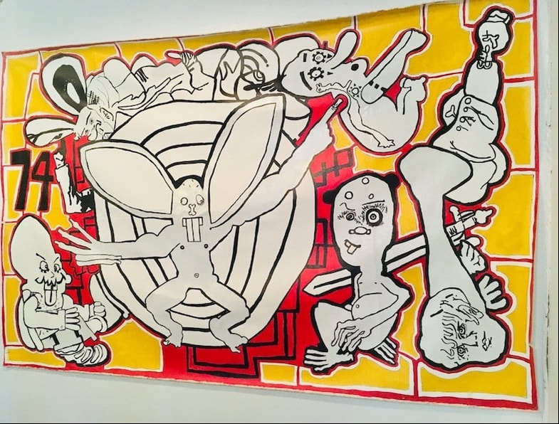 Large, graphic, colorful, red, yellow contemporary painting by Quinn Marston installed in an exhibition.