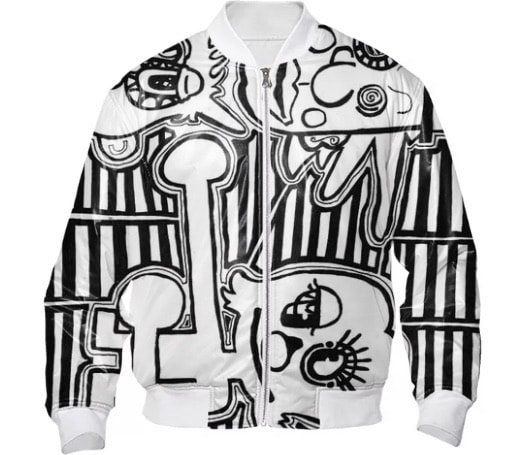 Graphic Black and White jail striped Bomber Jacket with knockout character imagery from painting by Quinn Marston