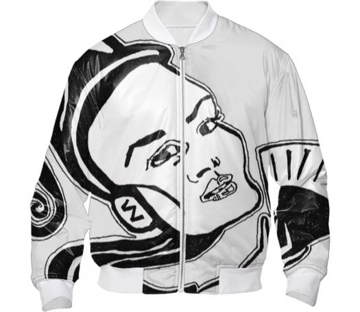 Graphic Black and White Bomber Jacket with imagery from painting by Quinn Marston for sale.