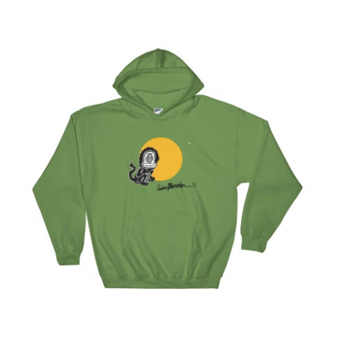 Pull-over hoodie with sun monkey imagery by Quinn Marston. Hoodie in sage green