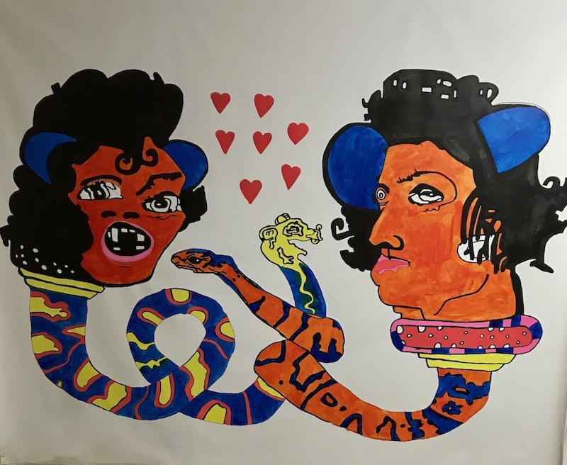 Large, colorful snakes and hearts acrylic graphic contemporary painting by Quinn Marston