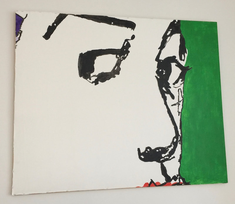 Large horizontal acrylic figurative wall painting in black. white, red, green painting by Quinn Marston
