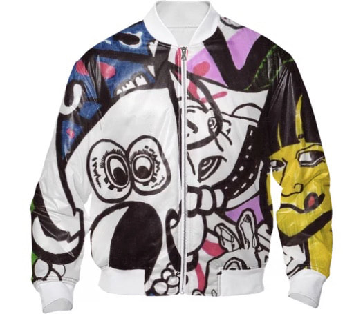 Colorful zip up bomber Jacket with character imagery from painting by Quinn Marston for sale.