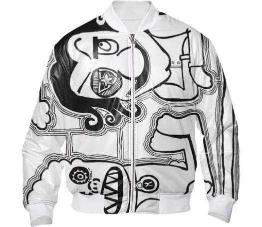 Graphic Black and White Bomber Jacket with star eyed character imagery from painting by Quinn Marston