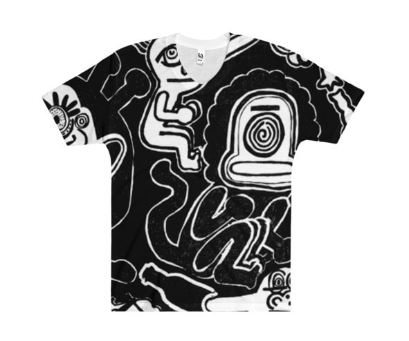 Graphic black and white t-shirt with imagery from painting by Quinn Marston.