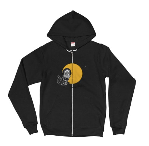 Funny little sun monkey zip up hoodie in black for sale, Imagery from painting by Quinn Marston.