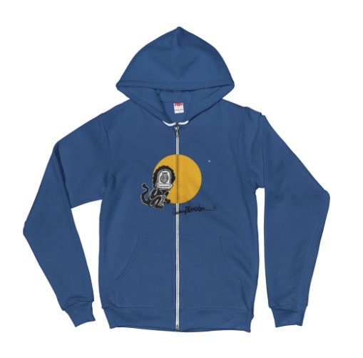 Funny little sun monkey zip up hoodie in blue. Imagery from painting by Quinn Marston.
