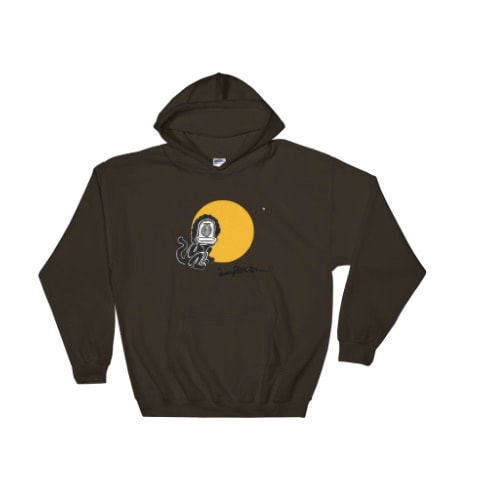 Funny little sun monkey hoodie in black. Imagery from painting by Quinn Marston.