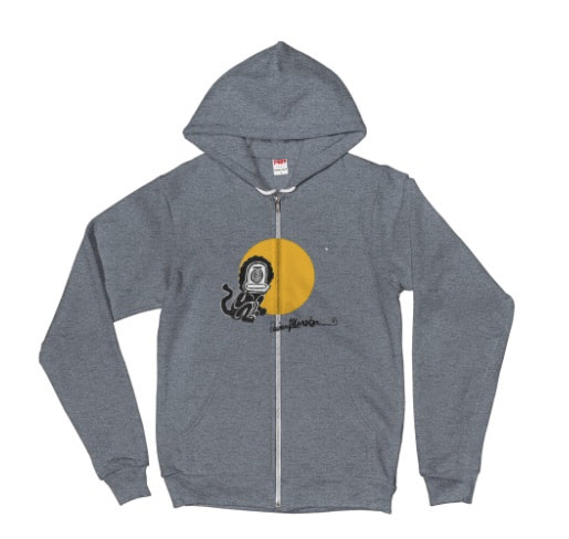 Funny little sun monkey zip up hoodie in gray. Imagery from painting by Quinn Marston.