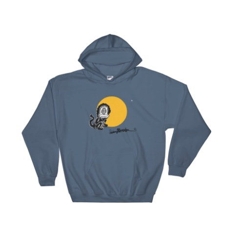 Funny little sun monkey zip up hoodie in dove gray. Imagery from painting by Quinn Marston.