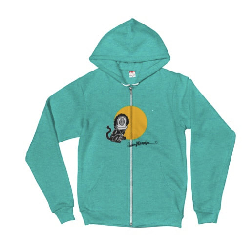 Funny little sun monkey zip up hoodie in teal. Imagery from painting by Quinn Marston.