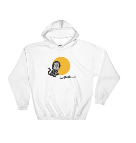 Funny little sun monkey hoodie in white. Imagery from painting by Quinn Marston.