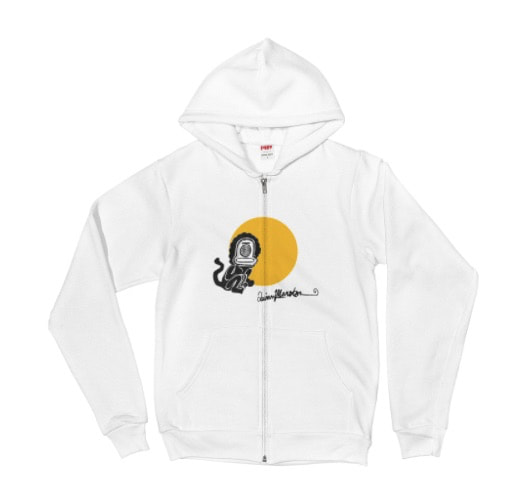 Funny little sun monkey zip up hoodie in white. Imagery from painting by Quinn Marston.