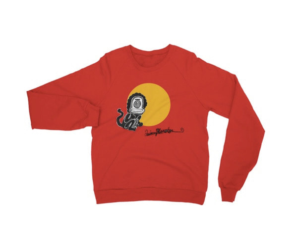 Red graphic sweatshirt with funny little sun monkey imagery from painting by Quinn Marston. Artist signature on front.