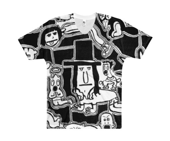Graphic black and white t-shirt with characters from painting by Quinn Marston.